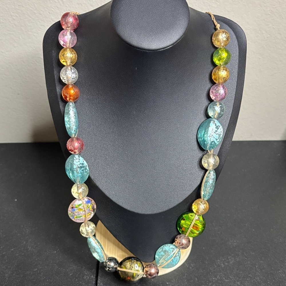 NECKLACE MURANO Glass Hand Made Beads Metallic Gold Blue Yellow Green
